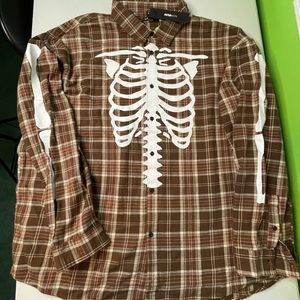 Fashion Nova Skeleton Print Tan Plaid Flannel Mens 3XL Size Button Down